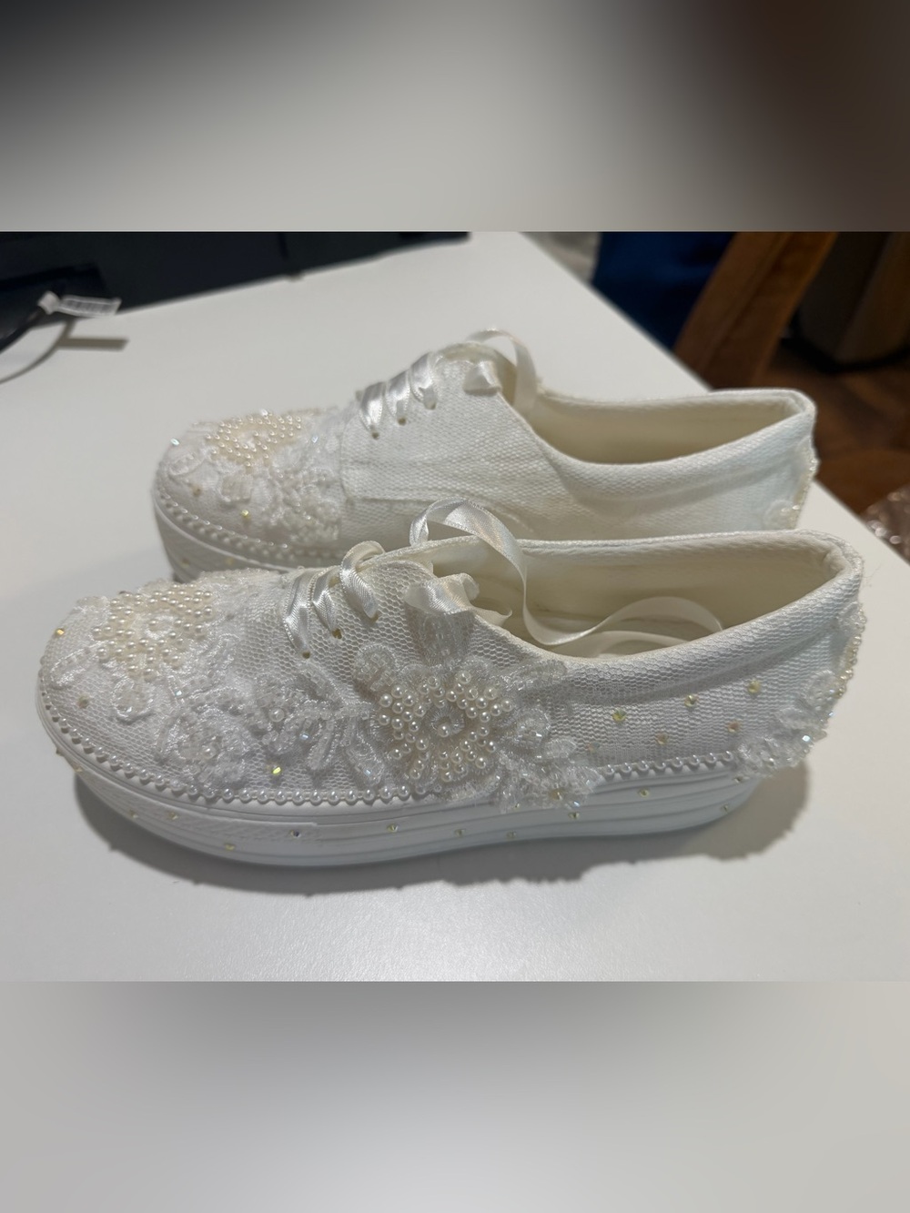 Pearl Embellished Floral Pattern Lace Platform Bridal Sneakers, Wedding Shoes